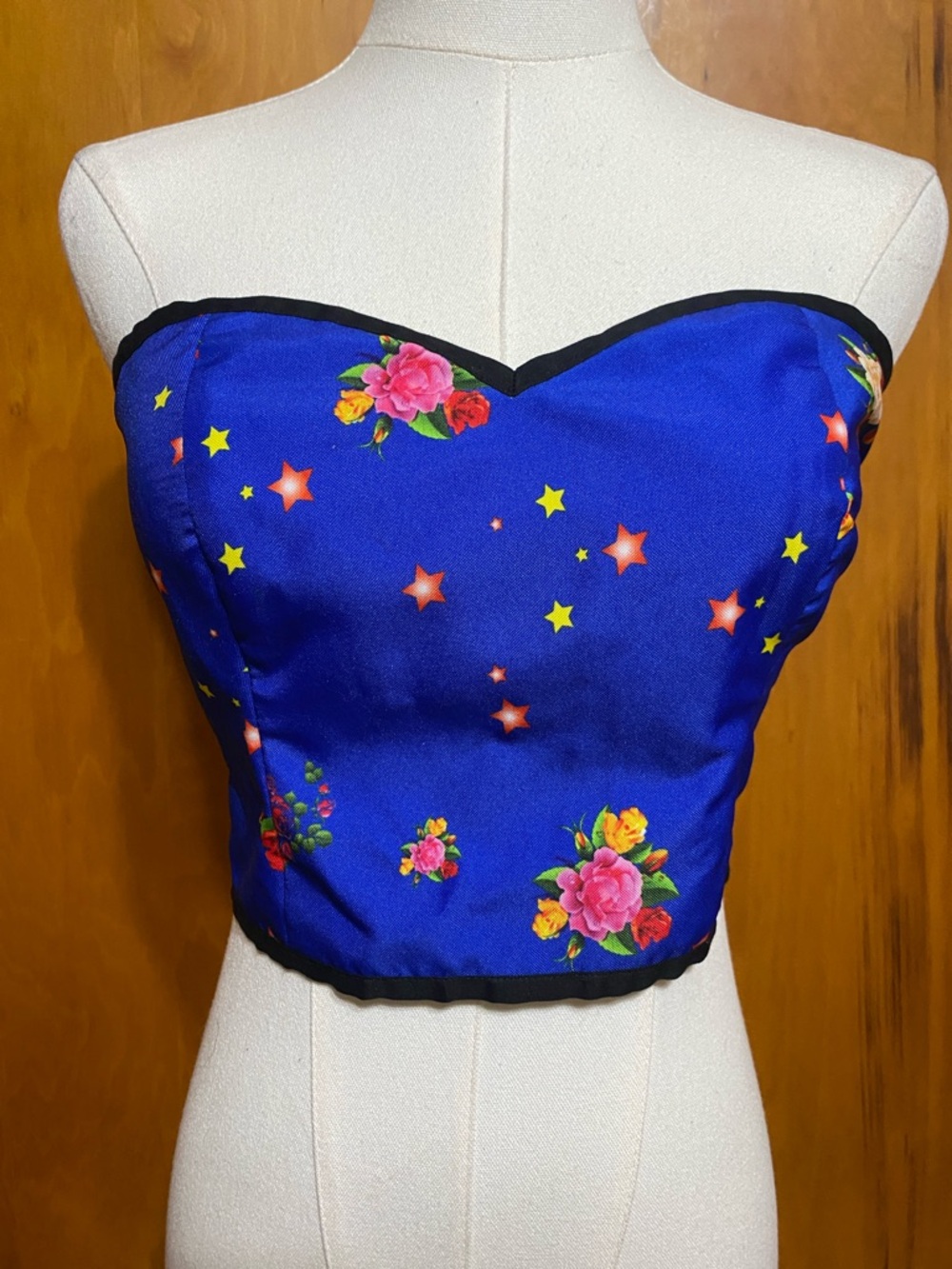 Unknown Royal Blue Floral Stars Strapless Black Corset Top Shirred Elastic Back